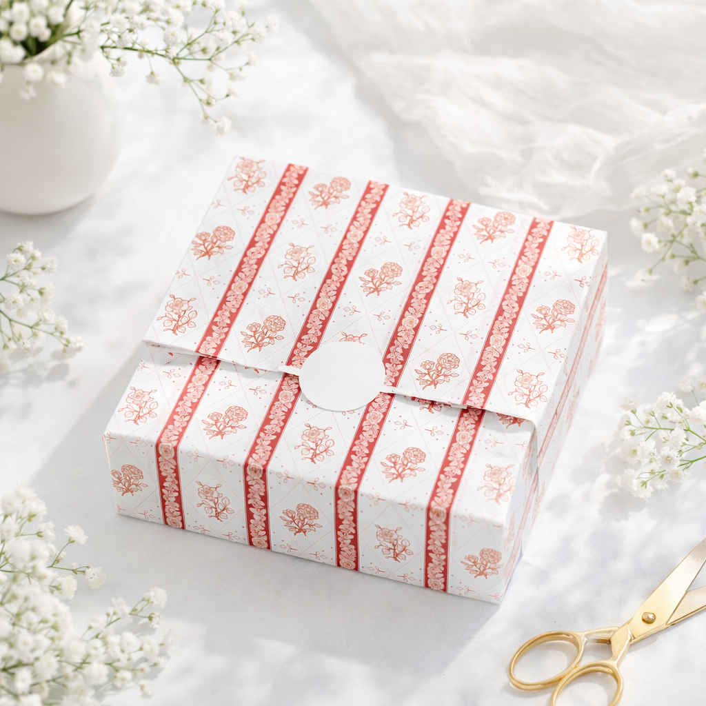 Gift box with red floral stripes and red roses pattern on a white surface with flowers and scissors.
